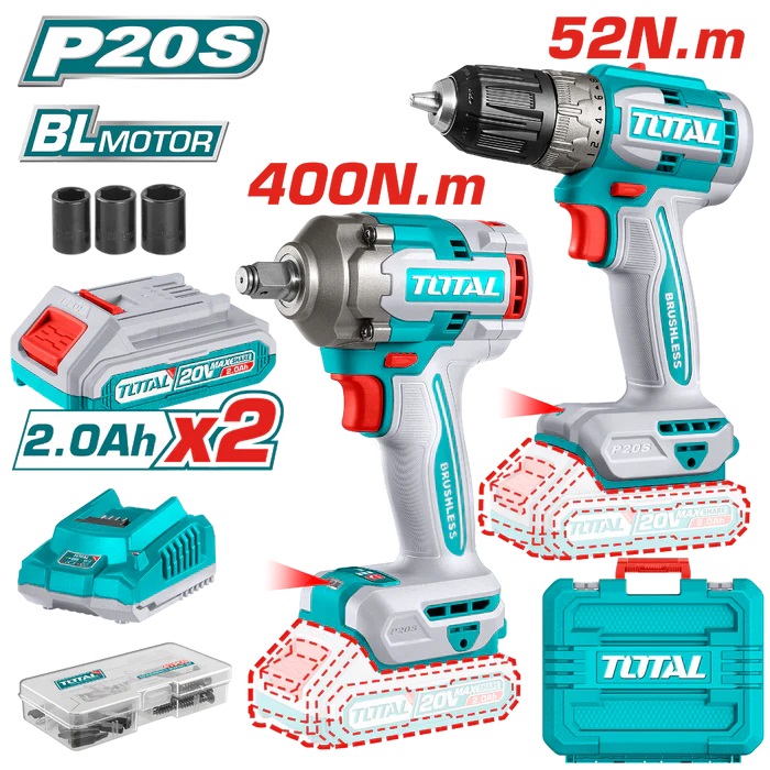 TOTAL TCKLI20271 บล็อกไร้สายบ๊อกแบต20V+สว่านไขควง20V