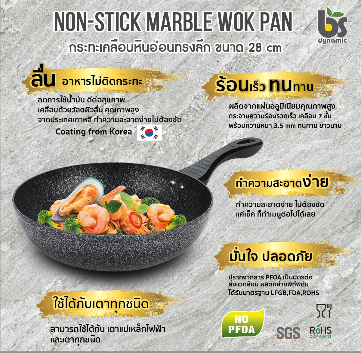 ใหม่ กระทะเคลือบหินอ่อนผิวลื่น ทรงลึก BS dynamic ขนาด 28 cm รุ่น induction