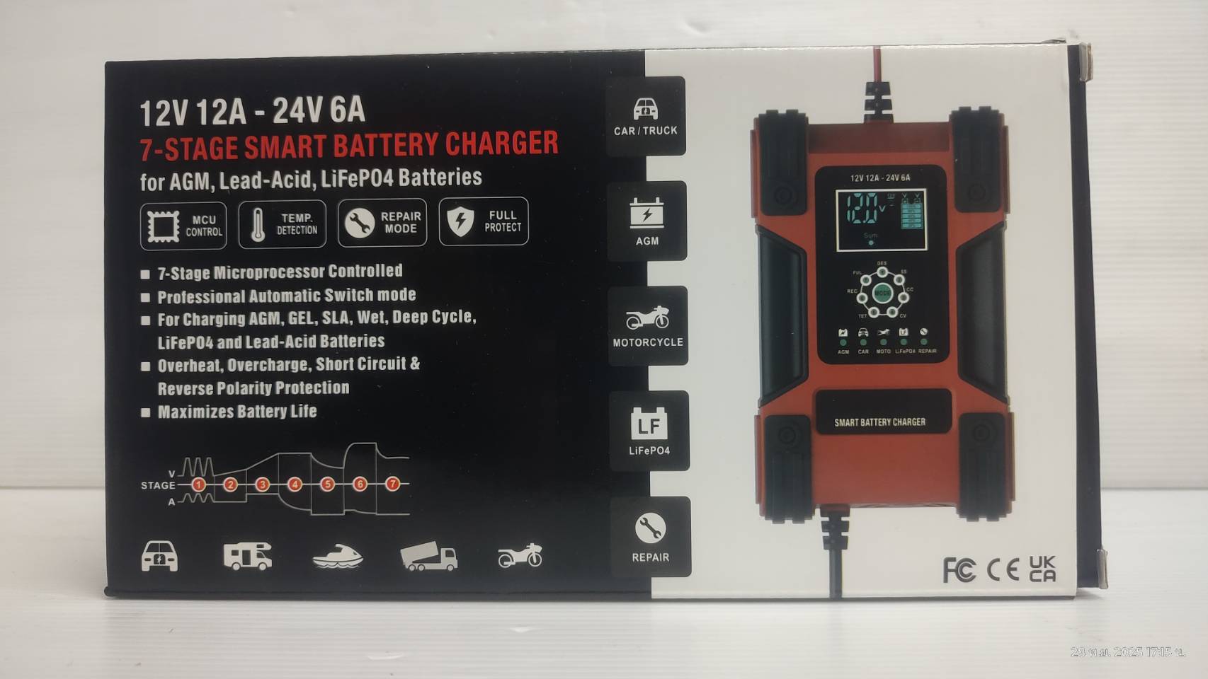 FOXSUR 12V12A เครื่องชาร์จแบตรถ กำลังไฟสูง ที่ชาร์จแบตรถ รถยนต์ มอไซค์ FBC122412D