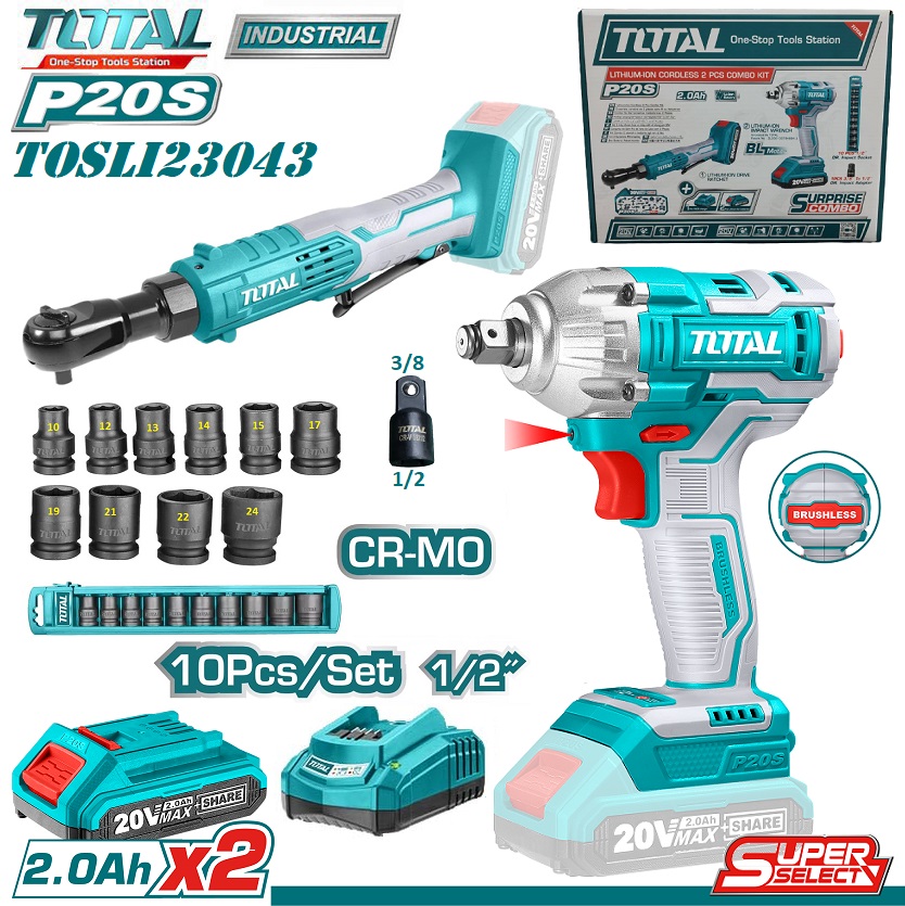 Total เครื่องยิงลูกบ๊อกซ์ + ด้ามฟรี ไร้สาย 20 โวลท์ + ชุดลูกบ๊อกซ์ (แบตเตอรี่ 2 ก้อน + แท่นชาร์จ)รุ่น TOSLI23043