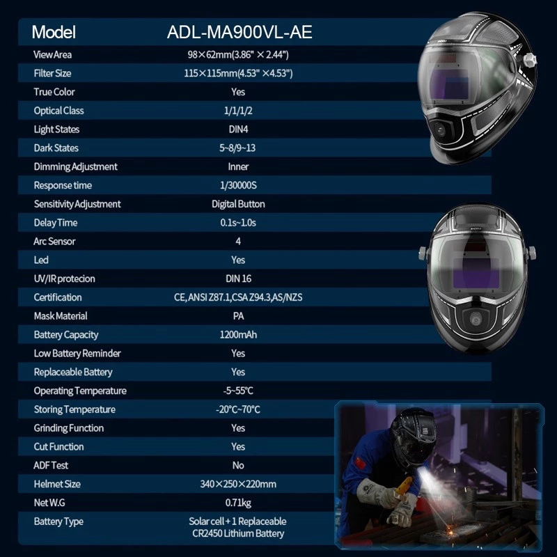 ANDELI หน้ากากปรับแสงอัตโนมัติหน้าจอขนาดใหญ่ มีไฟ LED และมุมมองด้านข้าง MA900VL-AE