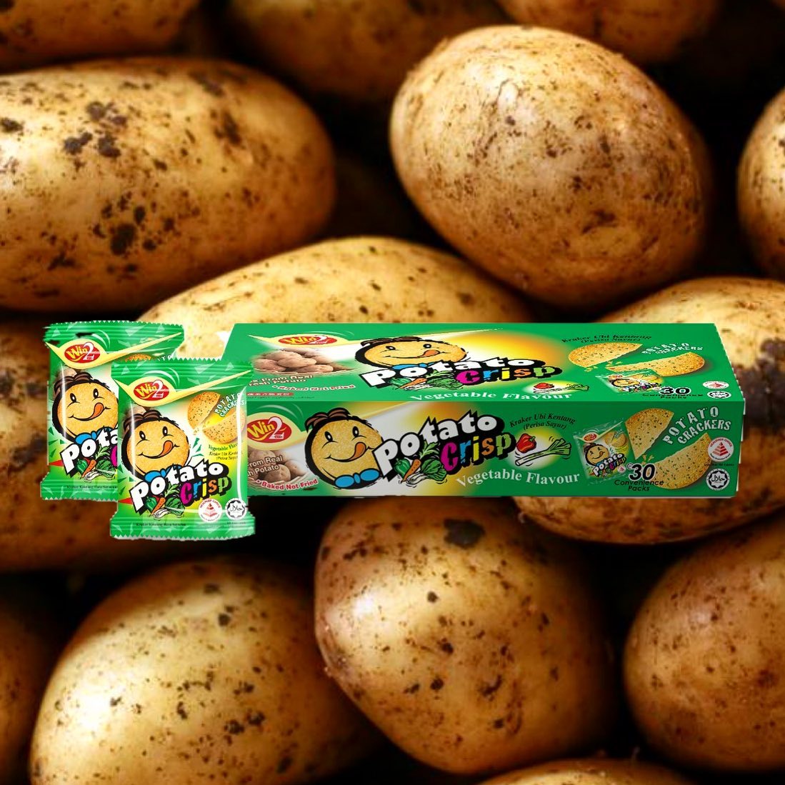 รสผัก สุดฮิต ขายดี (1 กล่อง 30 ซอง) ขนมแคร็กเกอร์มันฝรั่งบางกรอบ ปังยิ้มแลบลิ้น Win2 Potato Crackers Crisp อบใหม่จากมันฝรั่งแท้ รับรองฮาลาล เป็นมิตรกับมังสวิรัต