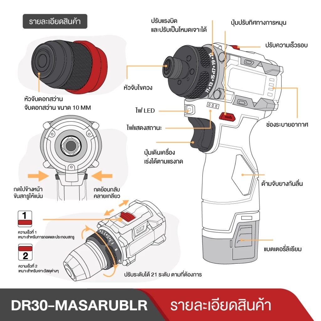 MASARU สว่านไร้สาย2 in 1 รุ่น MSR-CD204-B2 สว่านเปลื่ยนหัวได้