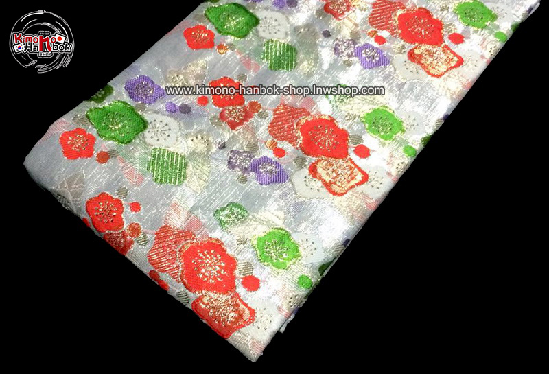 โอบิผ้าทอโบว์สำเหร็จอันใหญ่(s-M) สีเงิน ขาว ลายดอกไม้