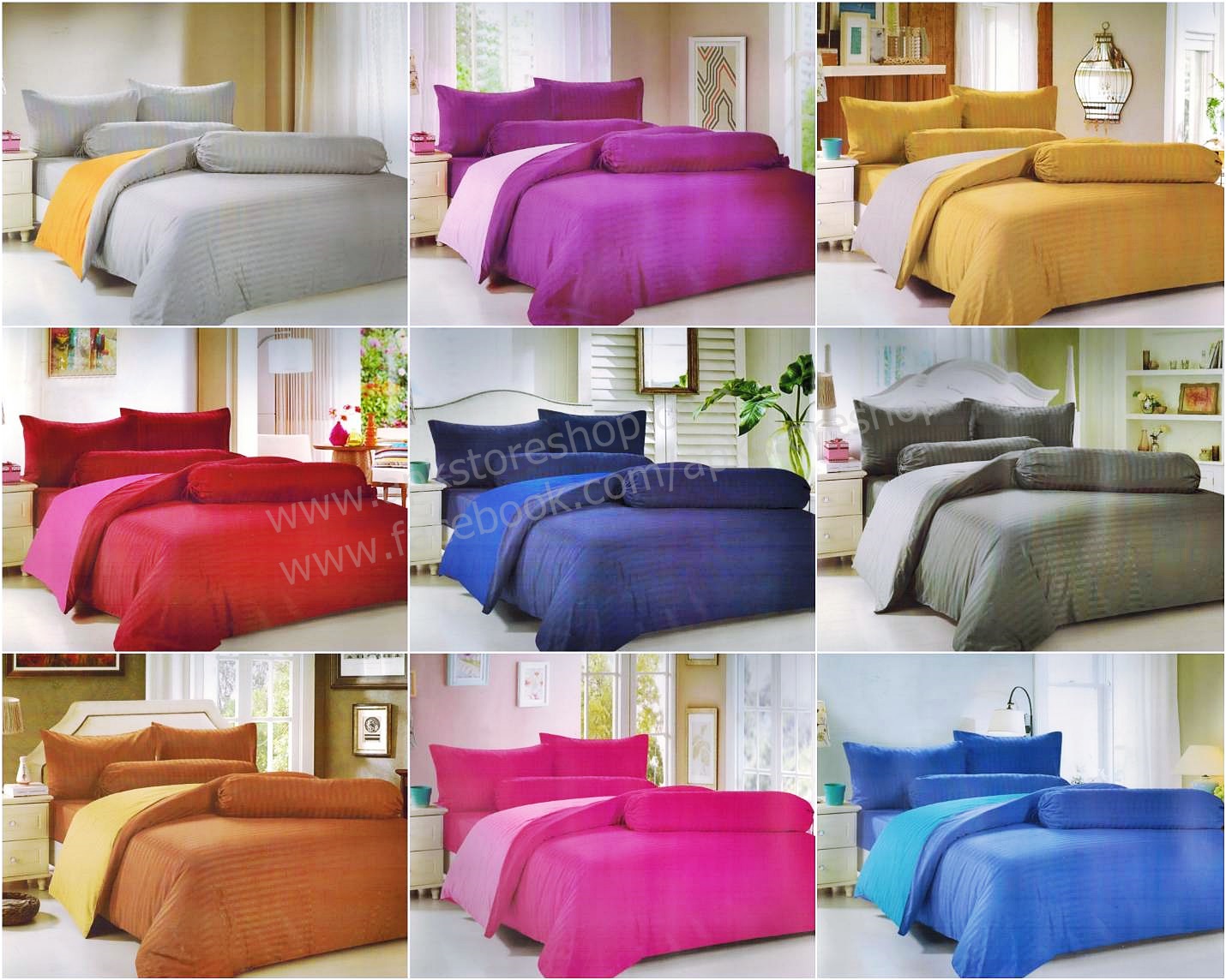 ขายส่ง ชุดผ้าปูที่นอนพร้อมผ้านวม 6ฟุตx6ชิ้น สีพื้น-ลายริ้ว ส่ง 410 บาท