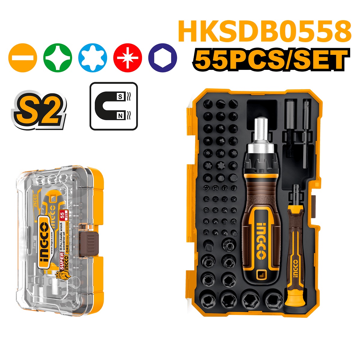 INGCO ชุดดอกไขควง 55 ชิ้น พร้อมด้ามจับ 2 แบบ HKSDB0558