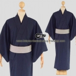 set.กิโมโนชาย สีกรม(น้ำเงินเข้ม)001+ โอบิแบบสำเหร็จชาย(สีขาวพื้น)