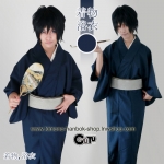 set.กิโมโนหน้าร้อนชาย สีน้ำเงินพื้น+โอบิสำเร็จชาย