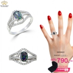 แหวนเพชร ประดับ เพชรCZ แหวนพลอยทรงรูปไข่สีรุ้ง ล้อมเพชร ดีไซน์หรูทันสมัย สไตล์ เรียบหรู แนวคลาสิค ซื้อเก็บไว้ใส่ได้ทุกโอกาส