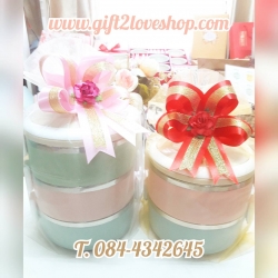 ปิ่นโตสแตนเลส สีพาสเทล แบบ 2 ชั้น แพคเกจถุงผ้าแก้ว