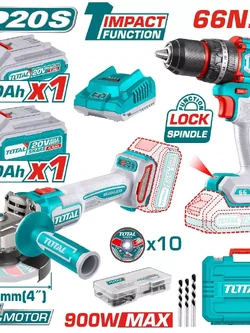 TOTAL Combo Set 46 สว่านกระแทก ไร้สาย 66N + เครื่องเจียร์ ไร้สาย 20V BL motor TCKLI2027310