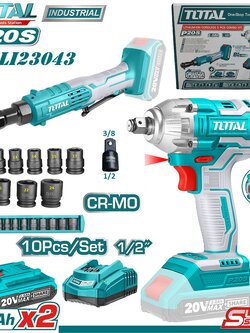 Total เครื่องยิงลูกบ๊อกซ์ + ด้ามฟรี ไร้สาย 20 โวลท์ + ชุดลูกบ๊อกซ์ (แบตเตอรี่ 2 ก้อน + แท่นชาร์จ)รุ่น TOSLI23043